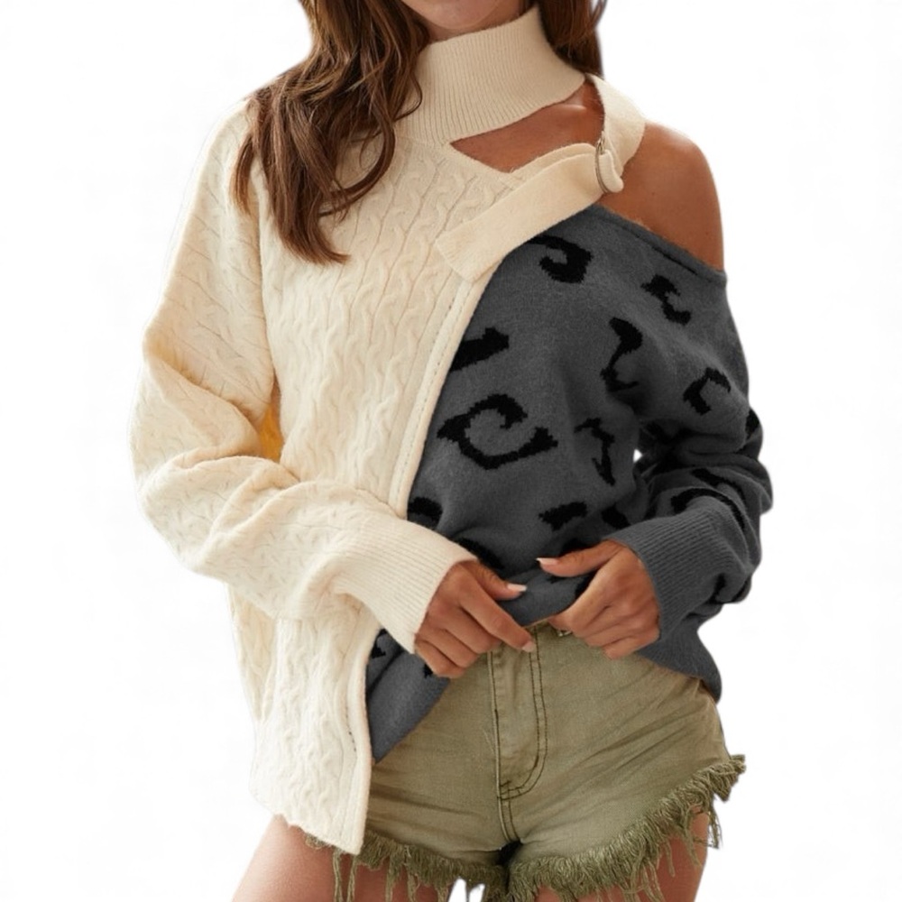 BiBi Cable-Knit Color Block One Shoulder Asymmetrical Sweater